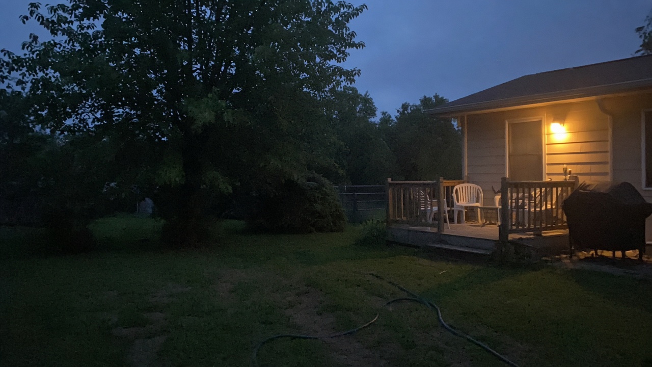Lived-in backyard at dusk